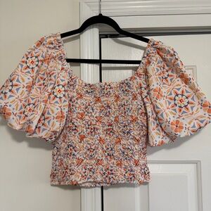 Dolan Geometric Top Cropped Smocked Puff Sleeve Orange Blue Size Small